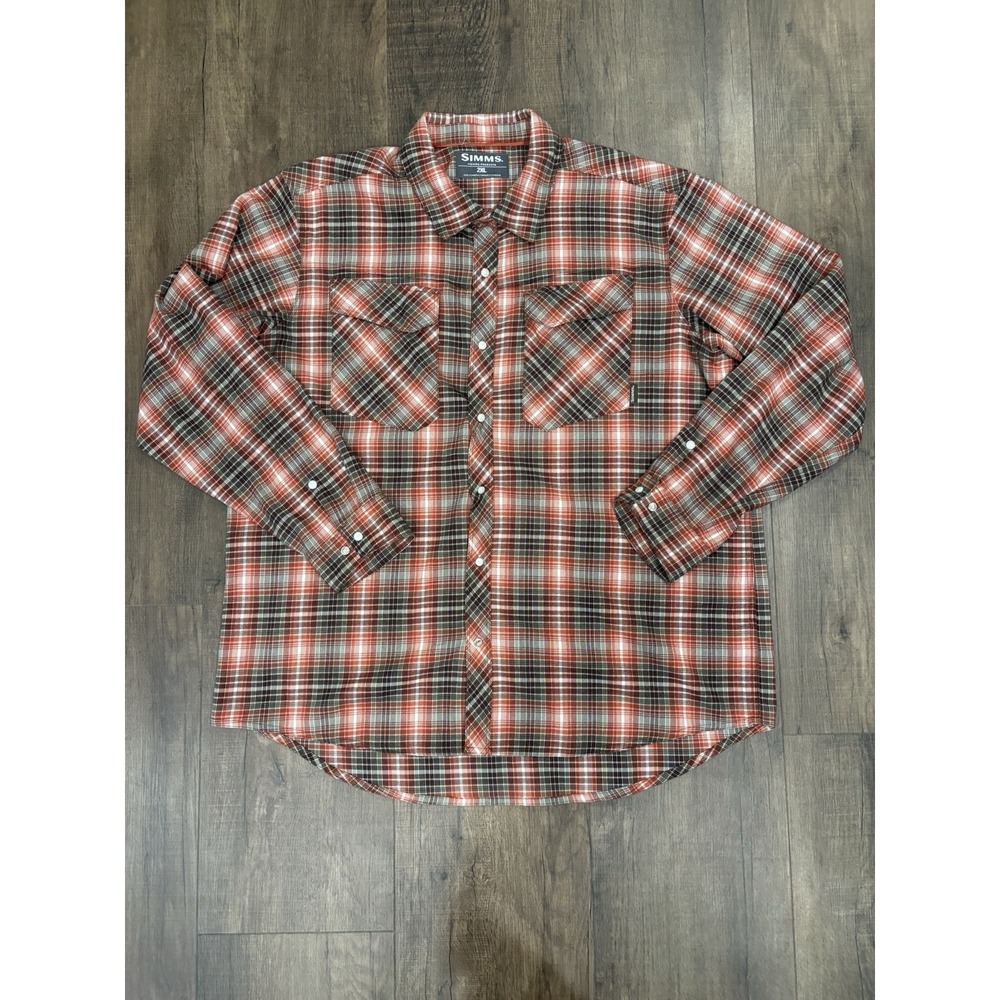 Simms Fishing Flannel Shirt Mens 2XL Red Brown Plaid Snap Button Long Sleeve